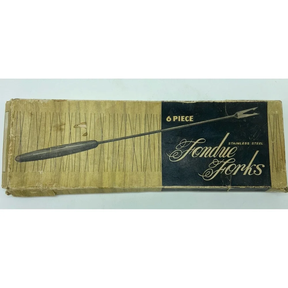 Vintage MCM STAINLESS STEEL Set of 6 FONDUE FORKS w/Wooden Handles‎ Original Box